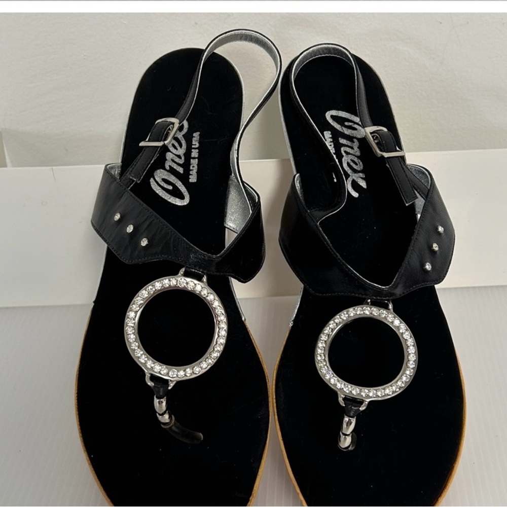 Onex Mini Cork Wedge Thong Rhinestone Embellished Women’s Size 10 Black Sandals